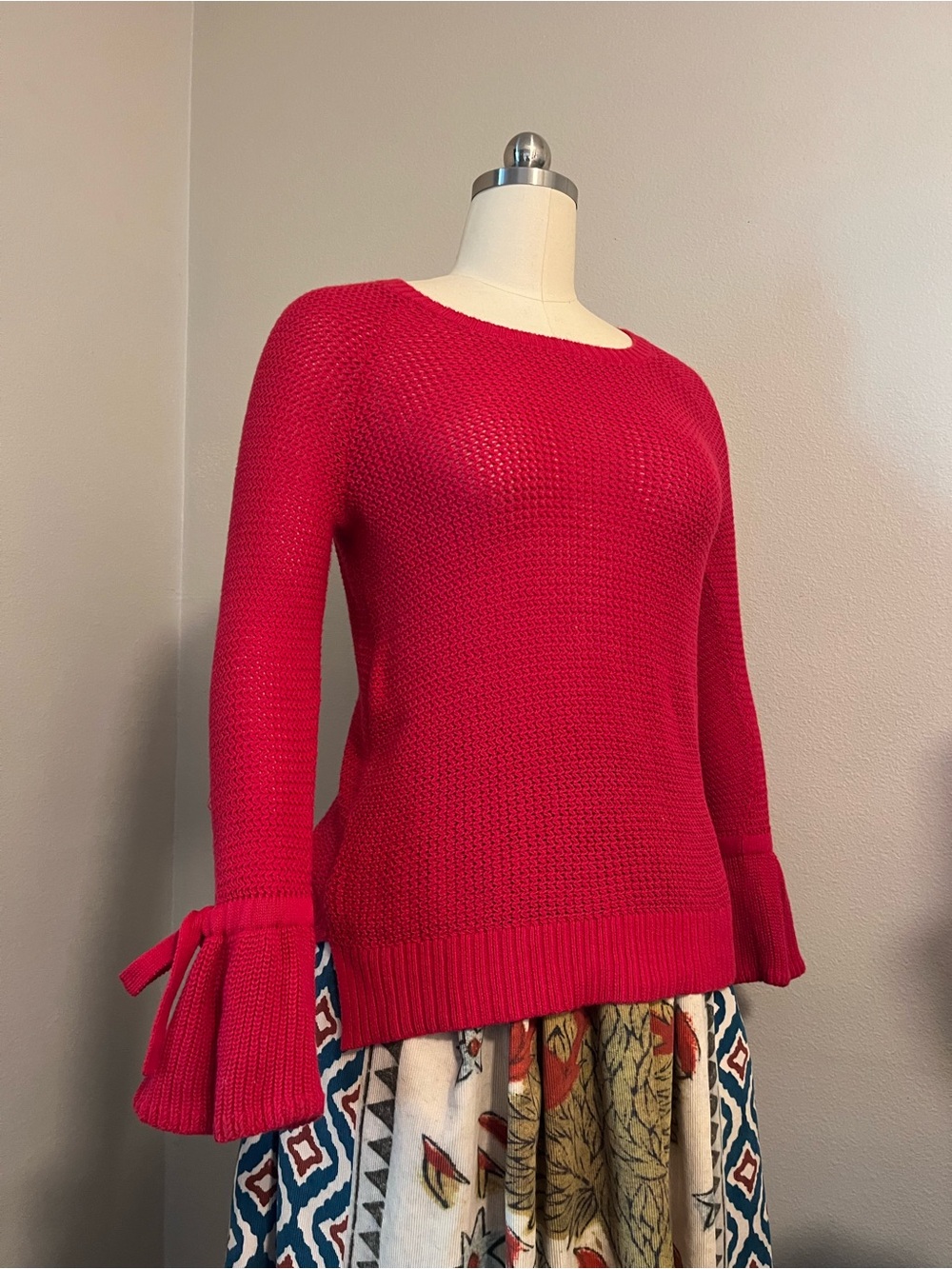 LOFT Bright Pink Scoop Neck Sweater with Bell Tie Sleeves